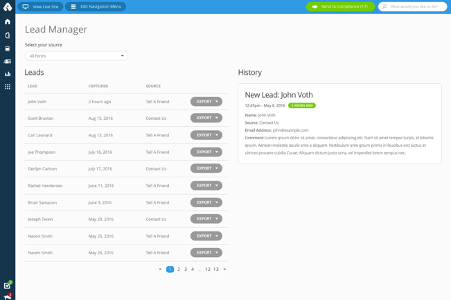 Lead Management tool within Advisor Websites Dashboard