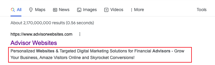 Screenshot of web search for advisor websites with a red box outlining the meta description