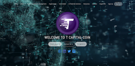 Screenshot of a website called T Capital Coin with a background image of meta data that relates to cryptocurrency.