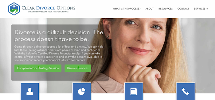Screen shot of a webpage called Clear Divorce Options with a background photo of a caucasion lady with blonde hair holding her hand just under her chin and gazing off to the left. There are 4 blue box icons at the bottom that outline a person, a pie chart, a book and a phone.
