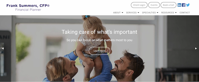 Screenshot of a webpage that has two fathers holding up their daughter and the headline 'taking care of what's important.'