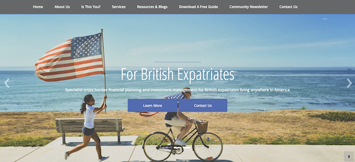 screenshot of a website called Taylor and Taylor Financial Services with a background image of a man riding a bike on a sidewalk beside the ocean with an american flag on his back and a young girl running behind him carrying another american flag
