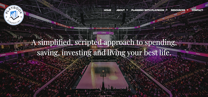 screenshot of a website page called playbook financial with a background image of a basketball stadium in purple and pink hues with a full audience seated