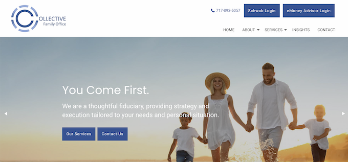 screenshot of a website called Collective Family Office with a background image of a caucasian family holding hands and walking down the beach at sunset