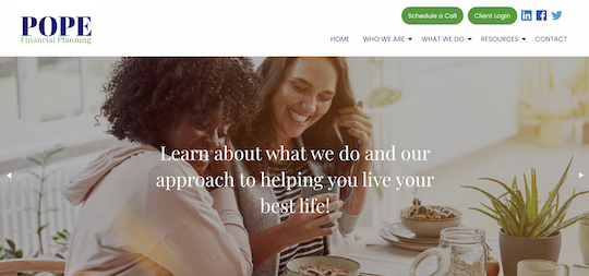Screenshot of a website called pope financial planning with a background image of two women smiling and eating breakfast at a table