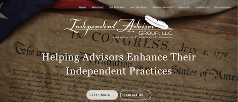 Screenshot of a website for Independent Advisor Group LLC with a background image of the declaration of independence