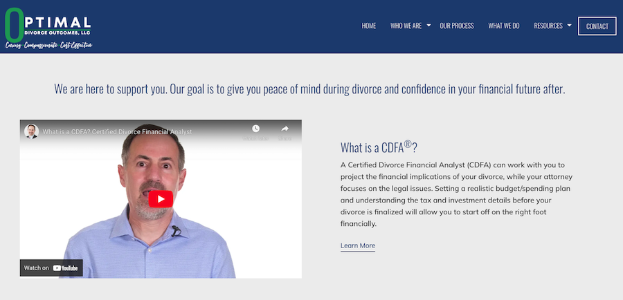Screenshot of a website that shows a youtube video talking about what optimal divorce outcomes does