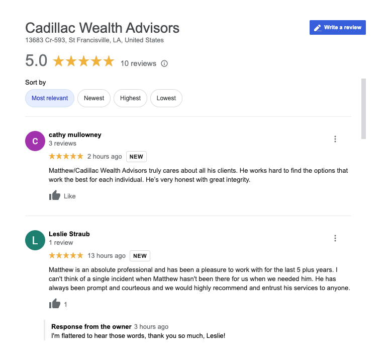screenshot of positive google reviews about a financial advisors services