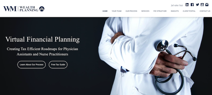 screenshot of a financial advisor website thats personalized for physician assistants and nurse practitioners