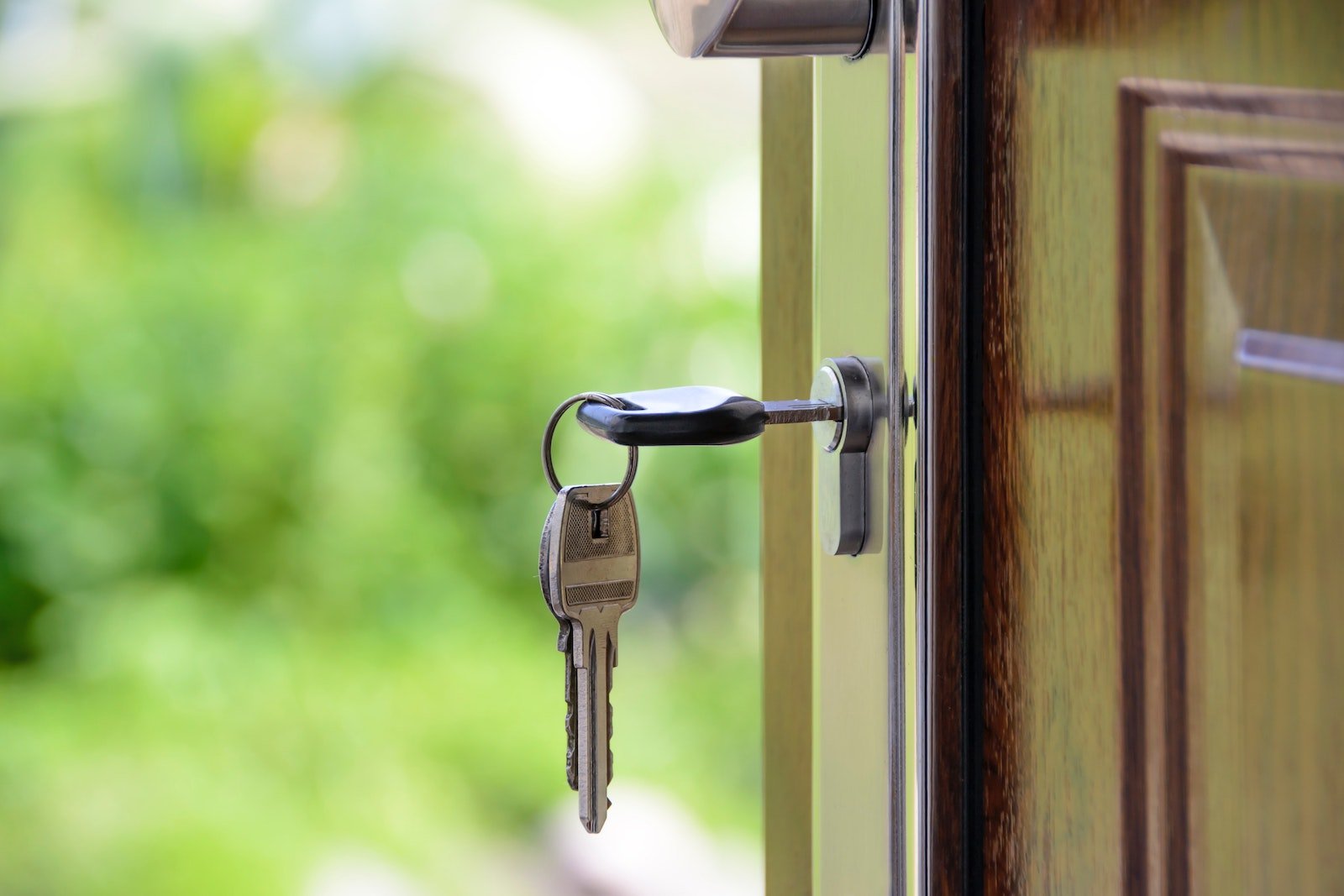 a key inserted into the lock of a door that is open, with a green forest in the background